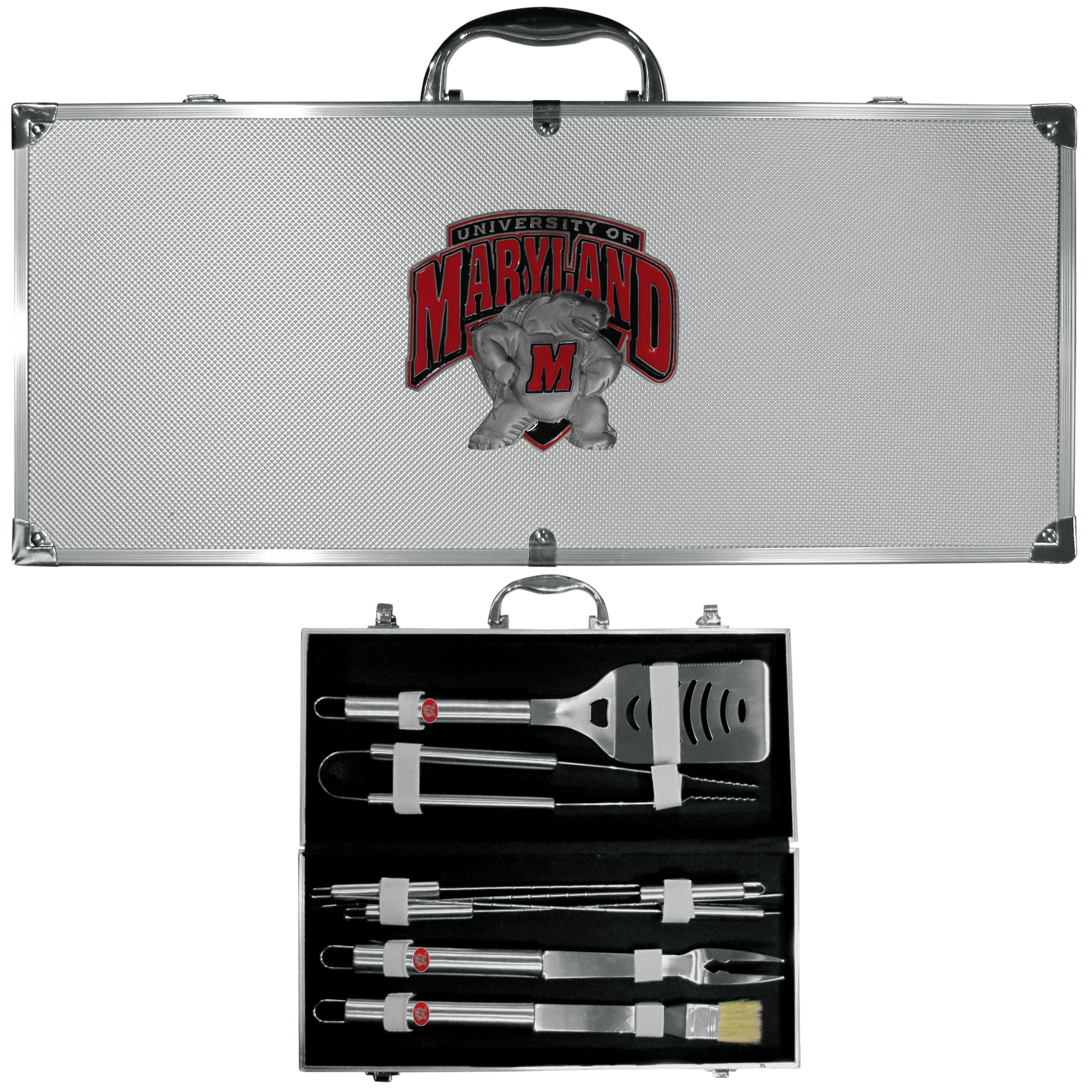 Maryland Terrapins 8 pc Stainless Steel BBQ Set w/Metal Case    