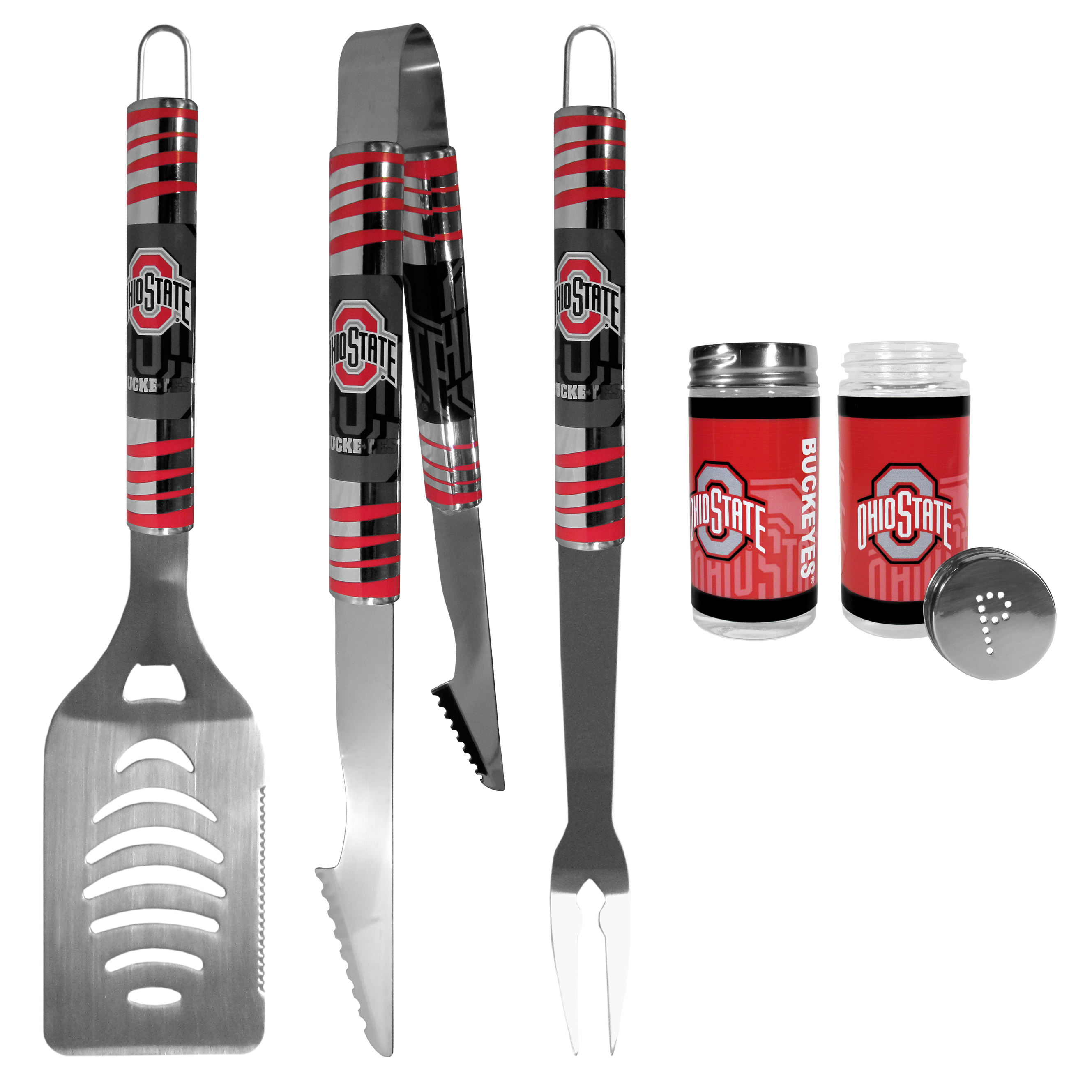 Ohio St. Buckeyes 3 pc Tailgater BBQ Set and Salt and Pepper Shaker Set    