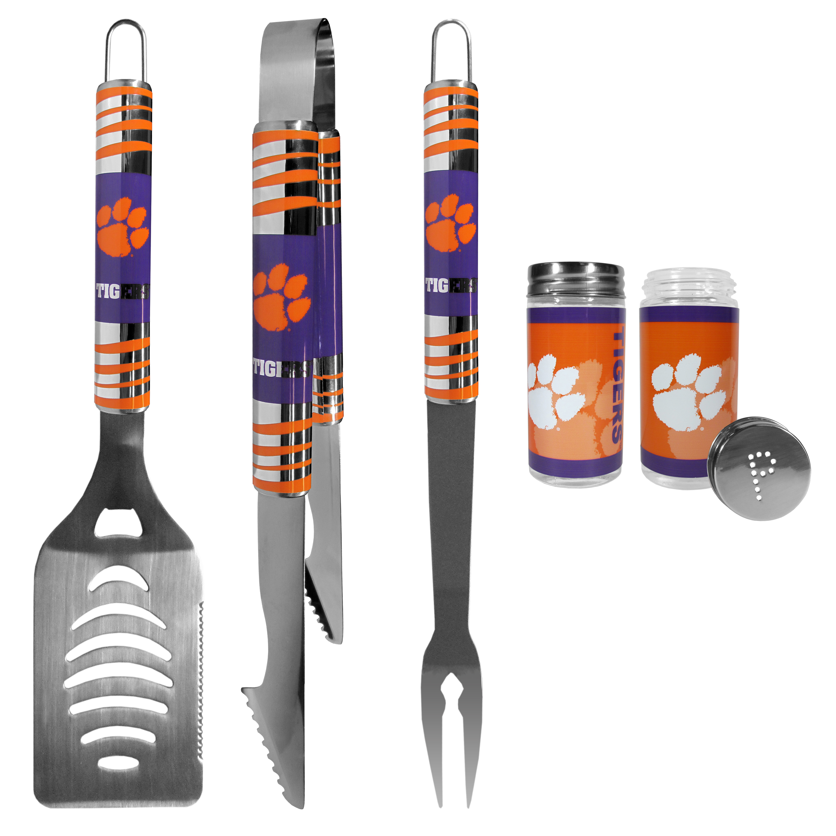 Clemson Tigers 3 pc Tailgater BBQ Set and Salt and Pepper Shaker Set    