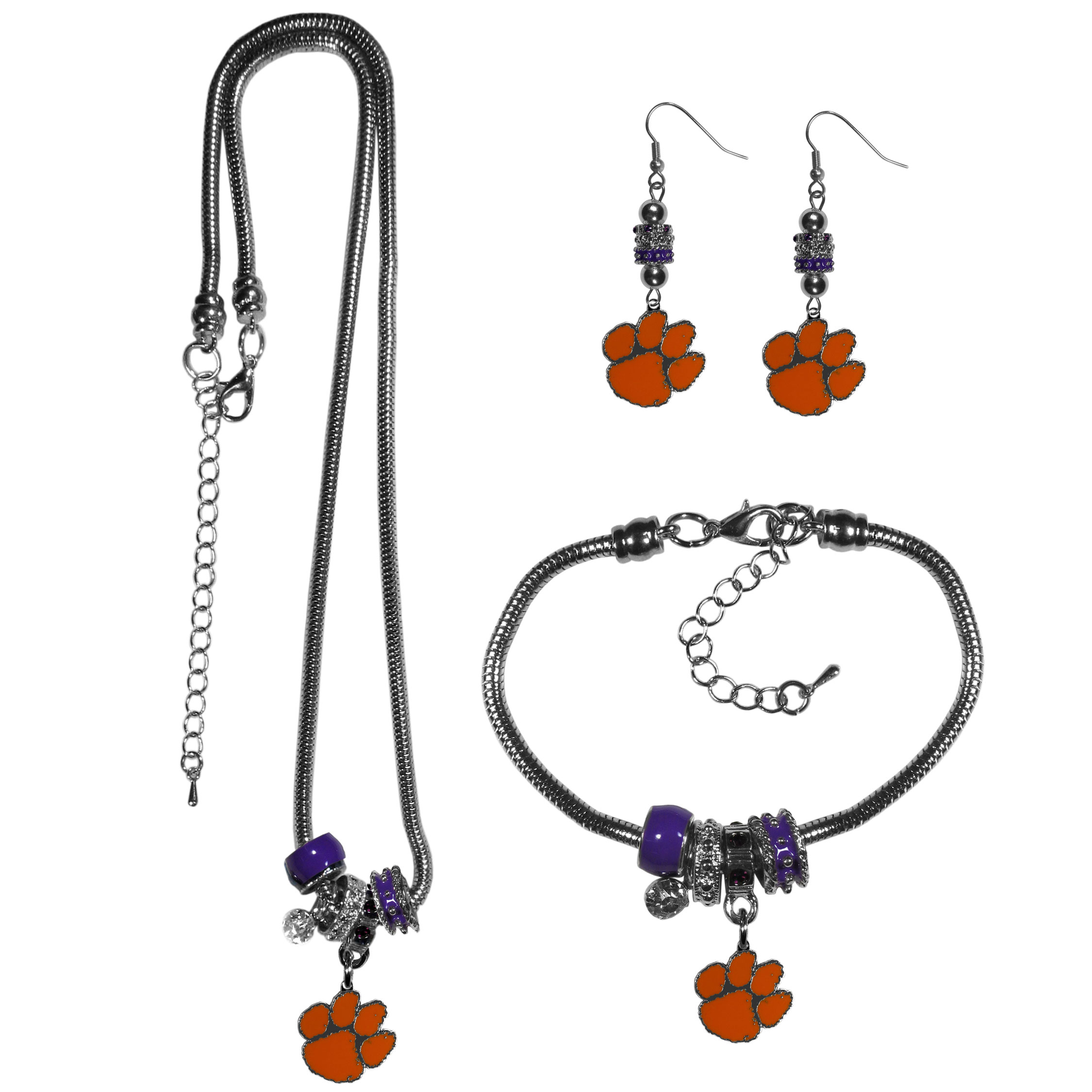 Clemson Tigers Euro Bead Jewelry 3 piece Set    