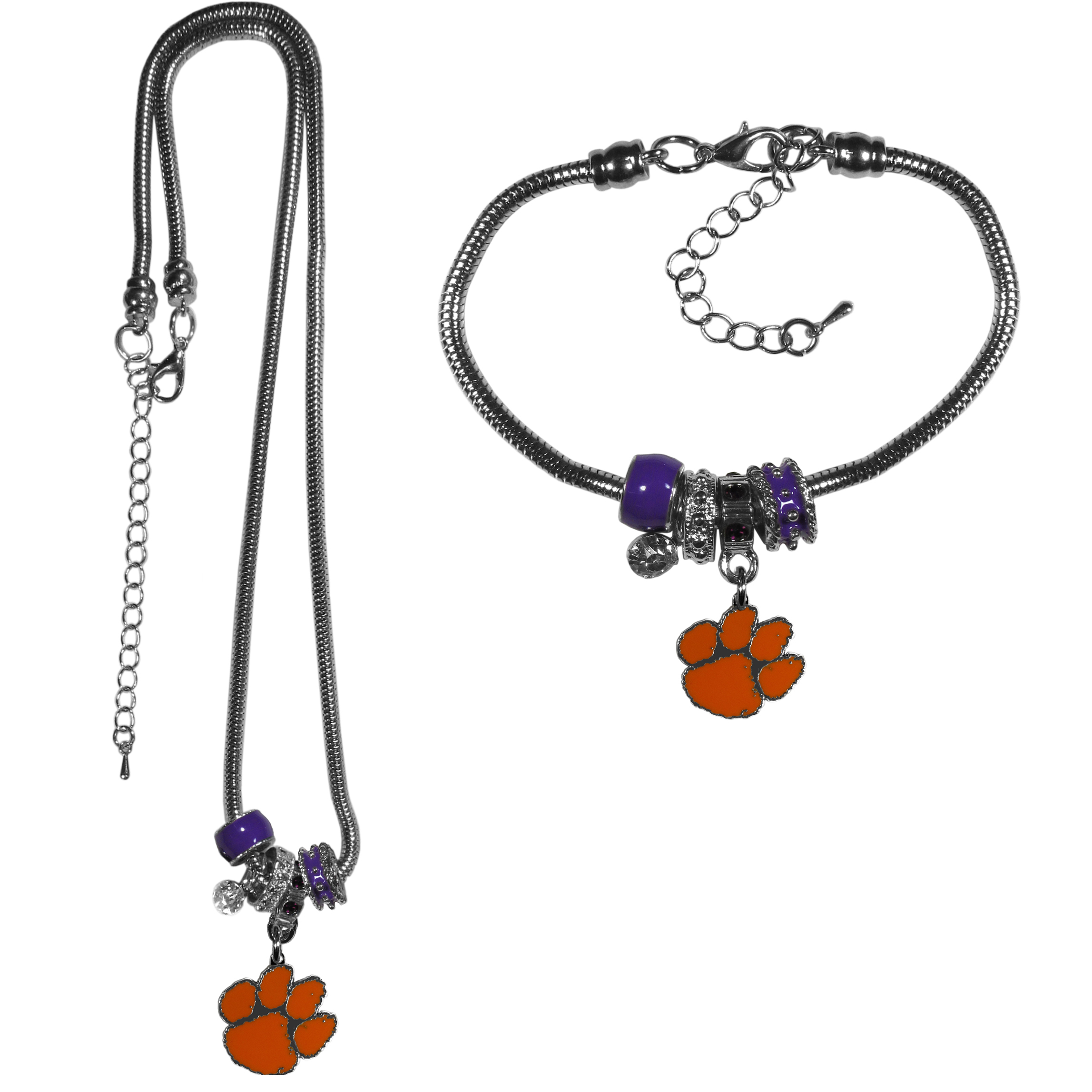 Clemson Tigers Euro Bead Necklace and Bracelet Set    