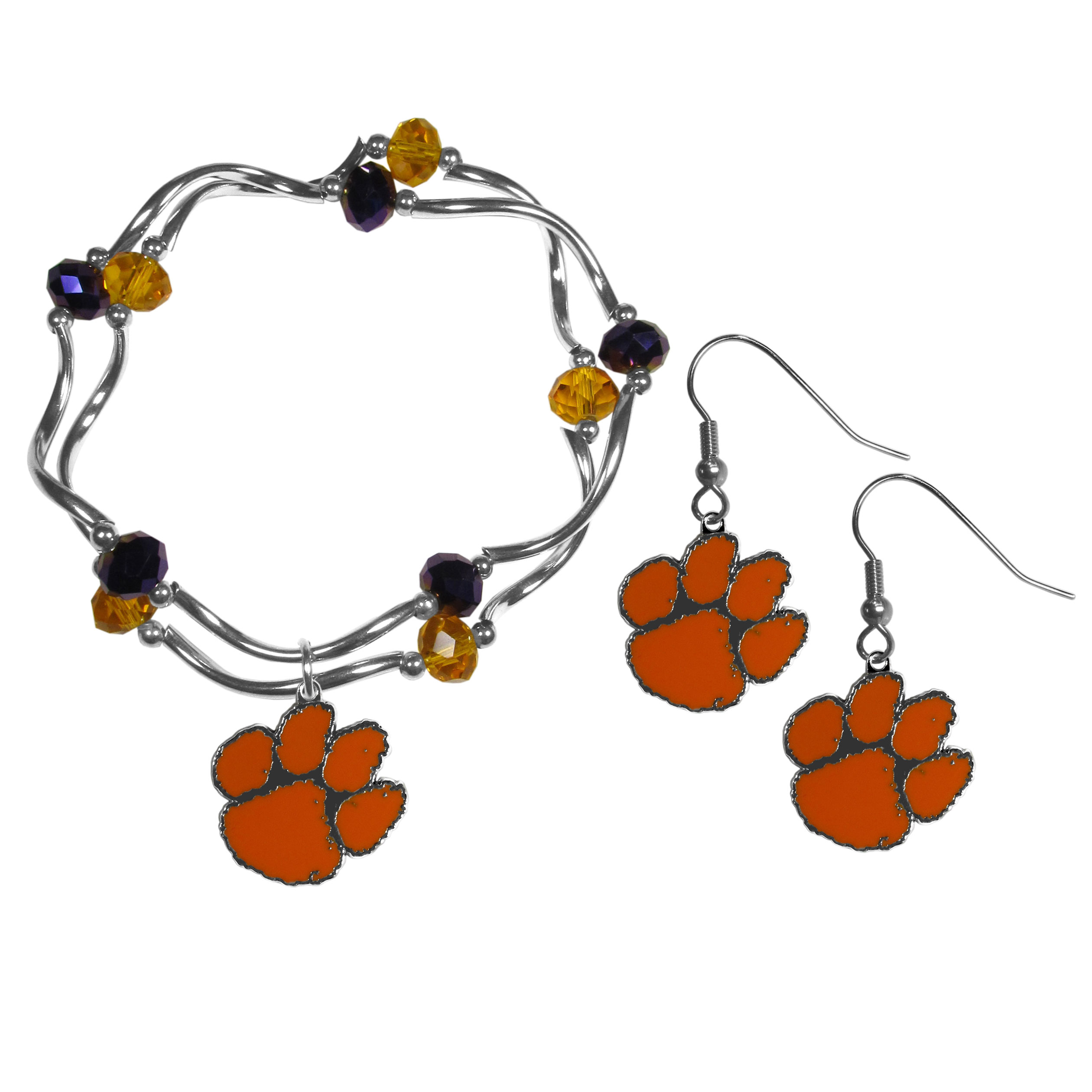 Clemson Tigers Dangle Earrings and Crystal Bead Bracelet Set    