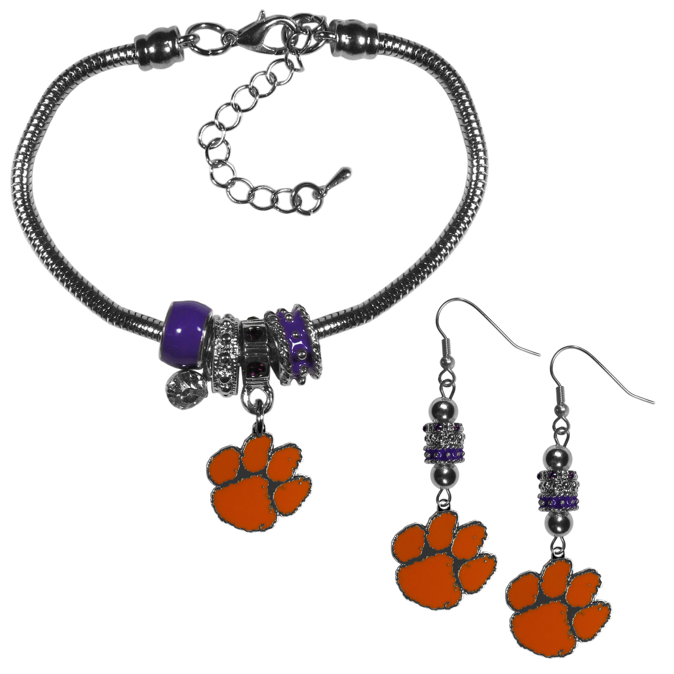 Clemson Tigers Euro Bead Earrings and Bracelet Set    