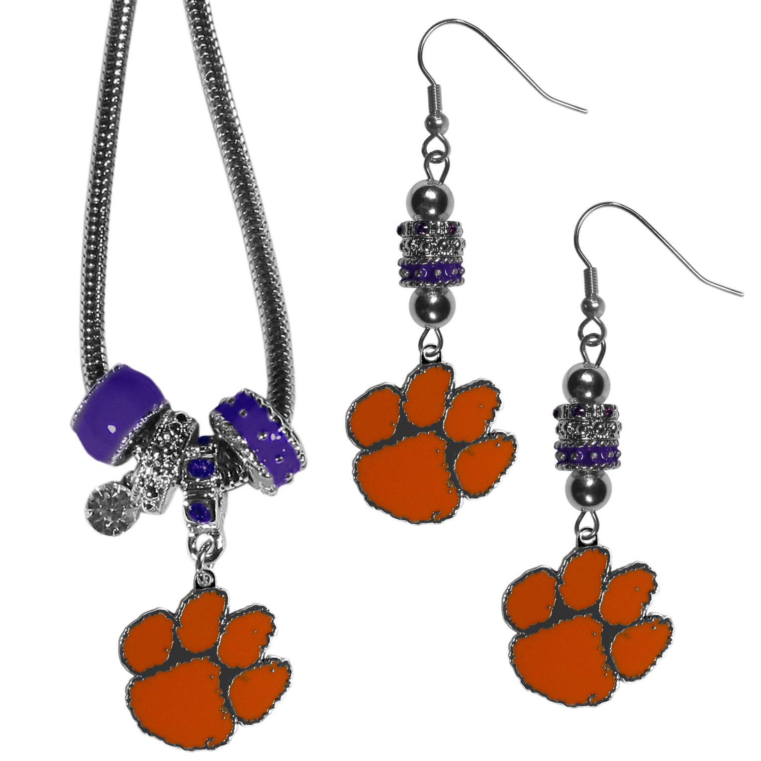 Clemson Tigers Euro Bead Earrings and Necklace Set    