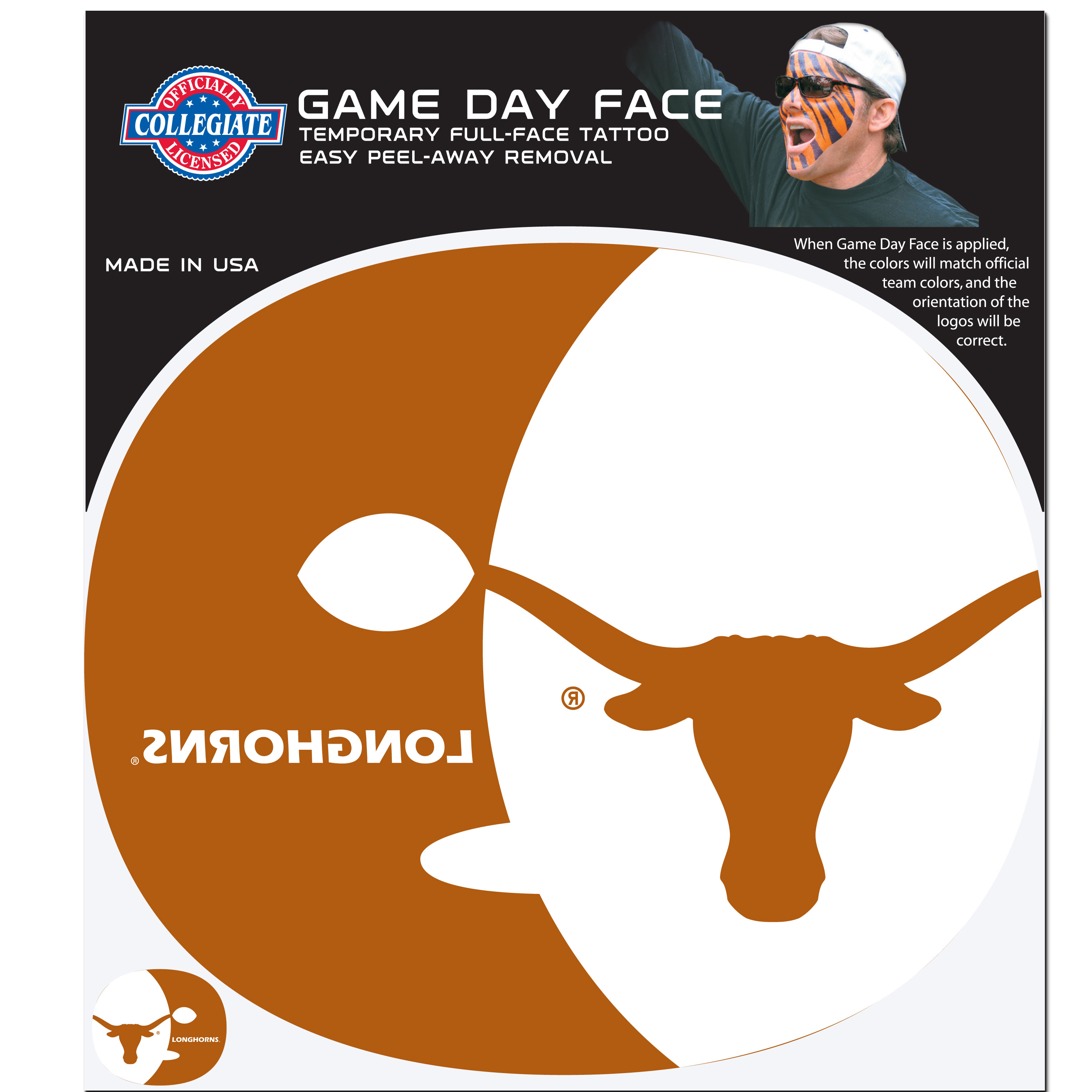 Texas Longhorns Game Face Temporary Tattoo    