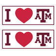 Texas A & M Aggies I Heart Bumper Style Decal, 2 pack