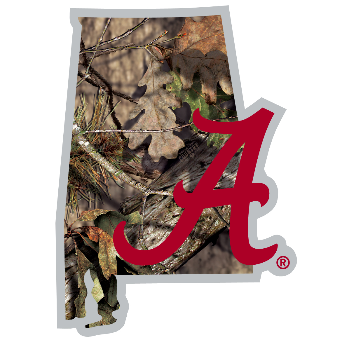 Alabama Crimson Tide State Decal w/Mossy Oak Camo    