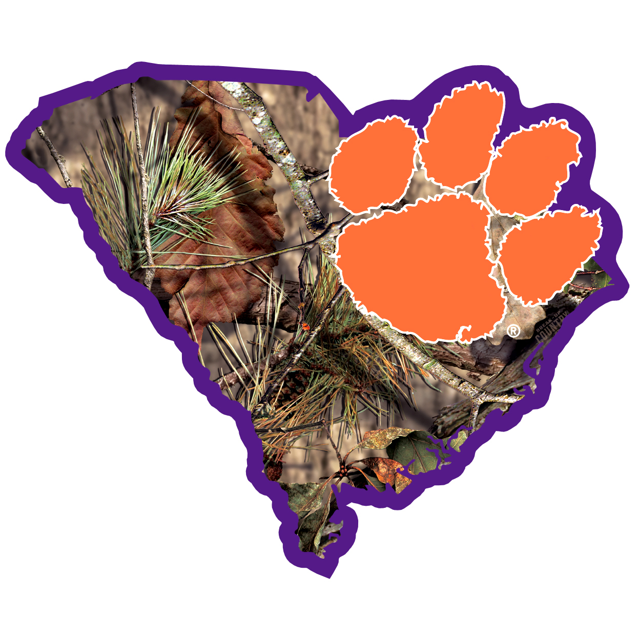 Clemson Tigers State Decal w/Mossy Oak Camo    