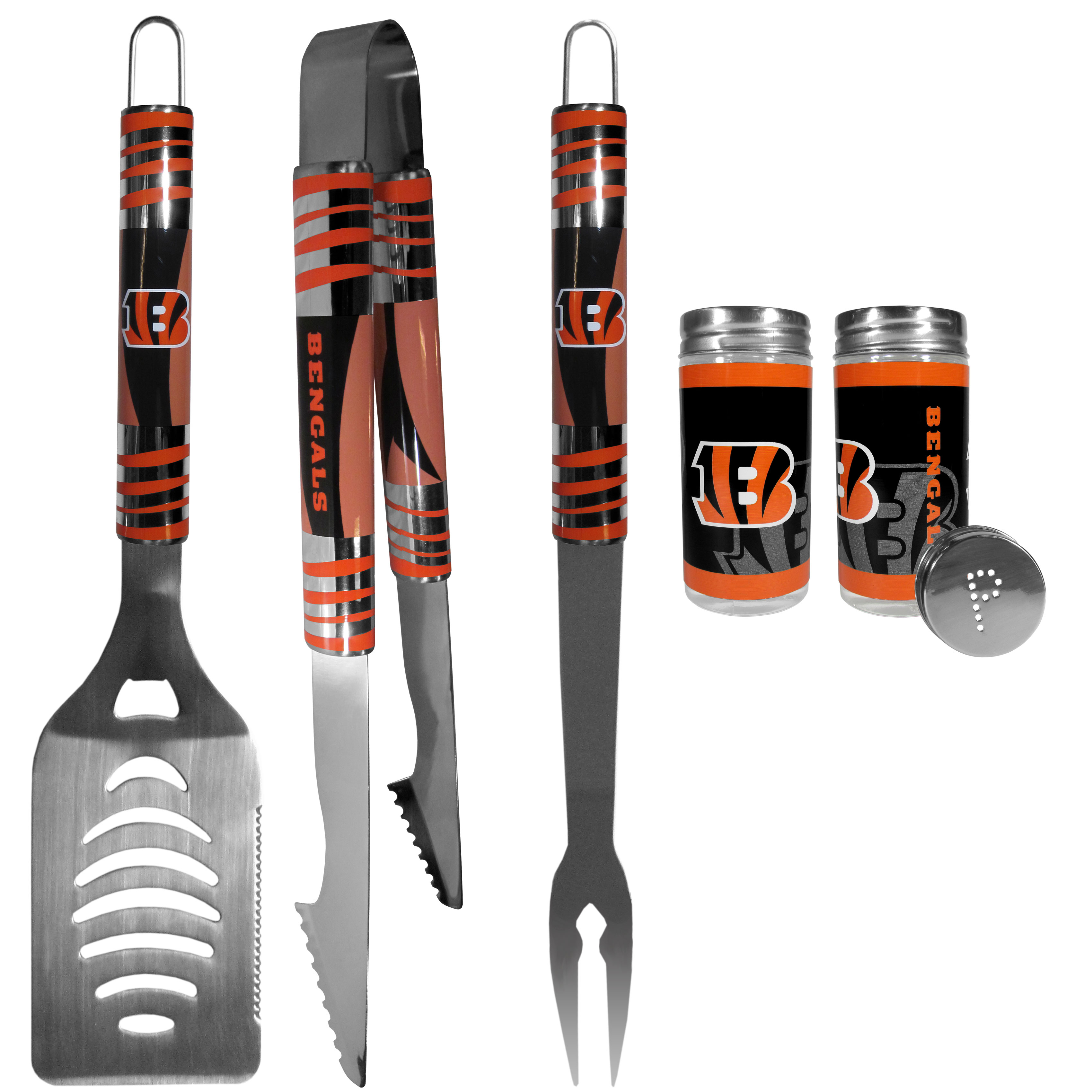 Cincinnati Bengals 3 pc Tailgater BBQ Set and Salt and Pepper Shaker Set    