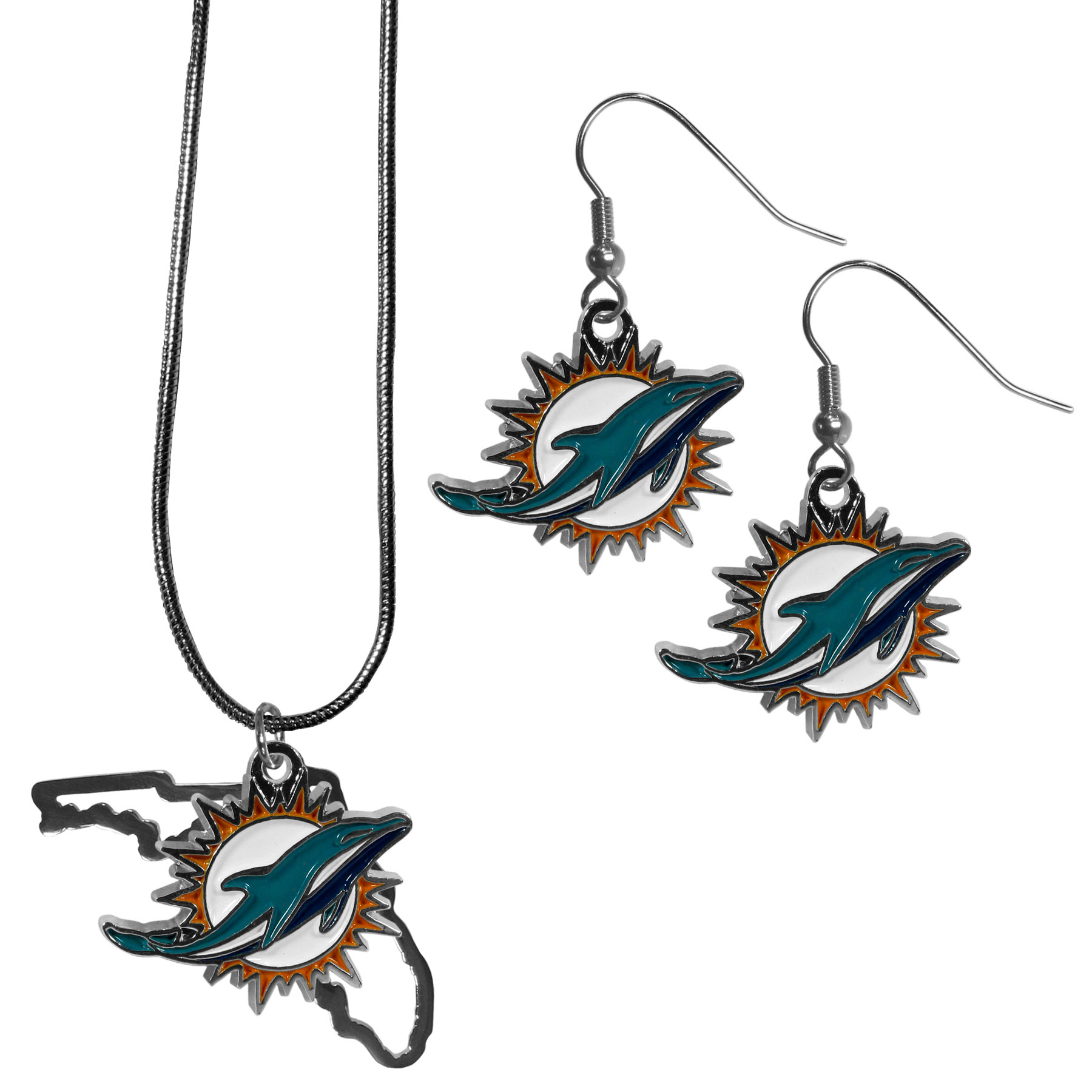 Miami Dolphins Dangle Earrings and State Necklace Set    