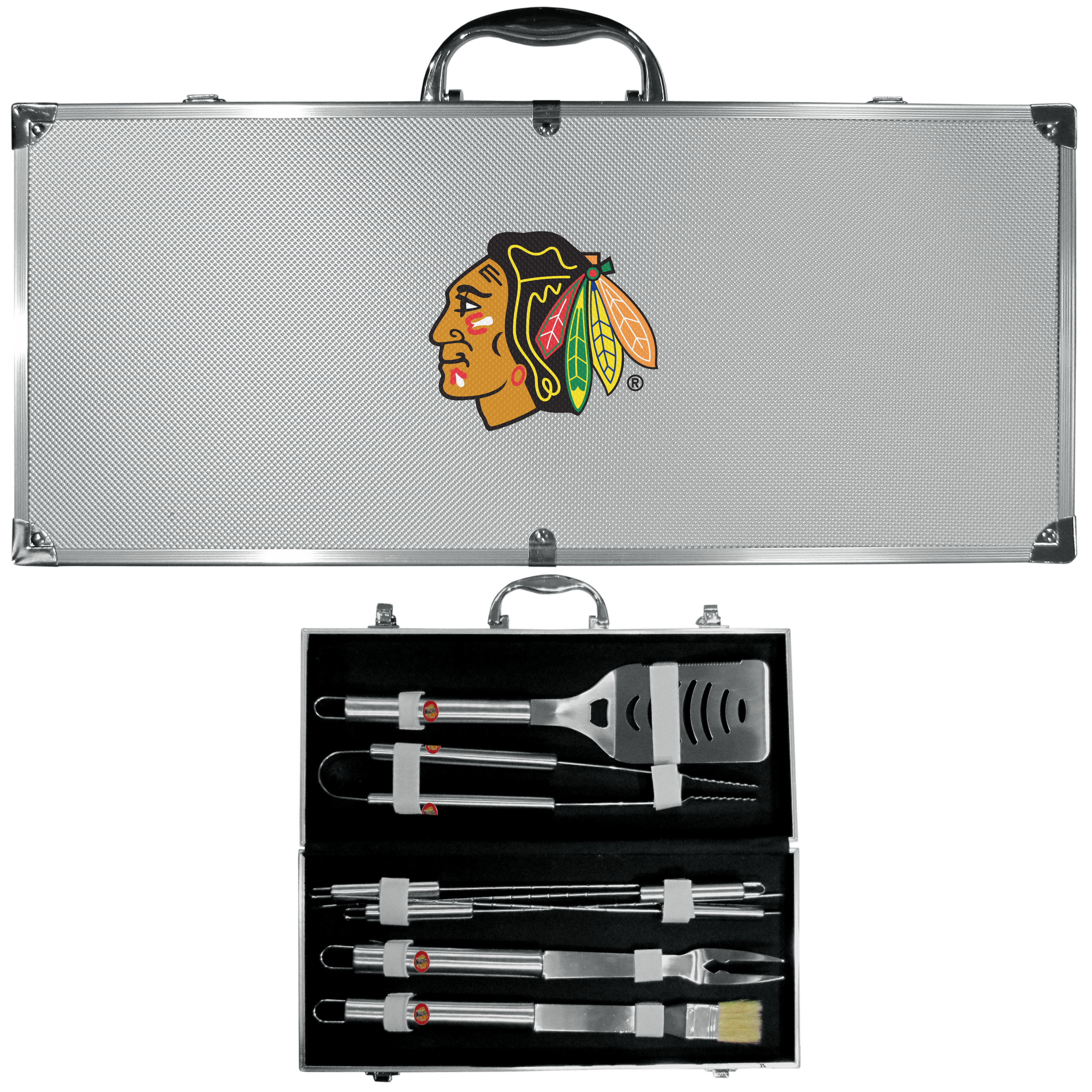 Chicago Blackhawks? 8 pc Stainless Steel BBQ Set w/Metal Case    