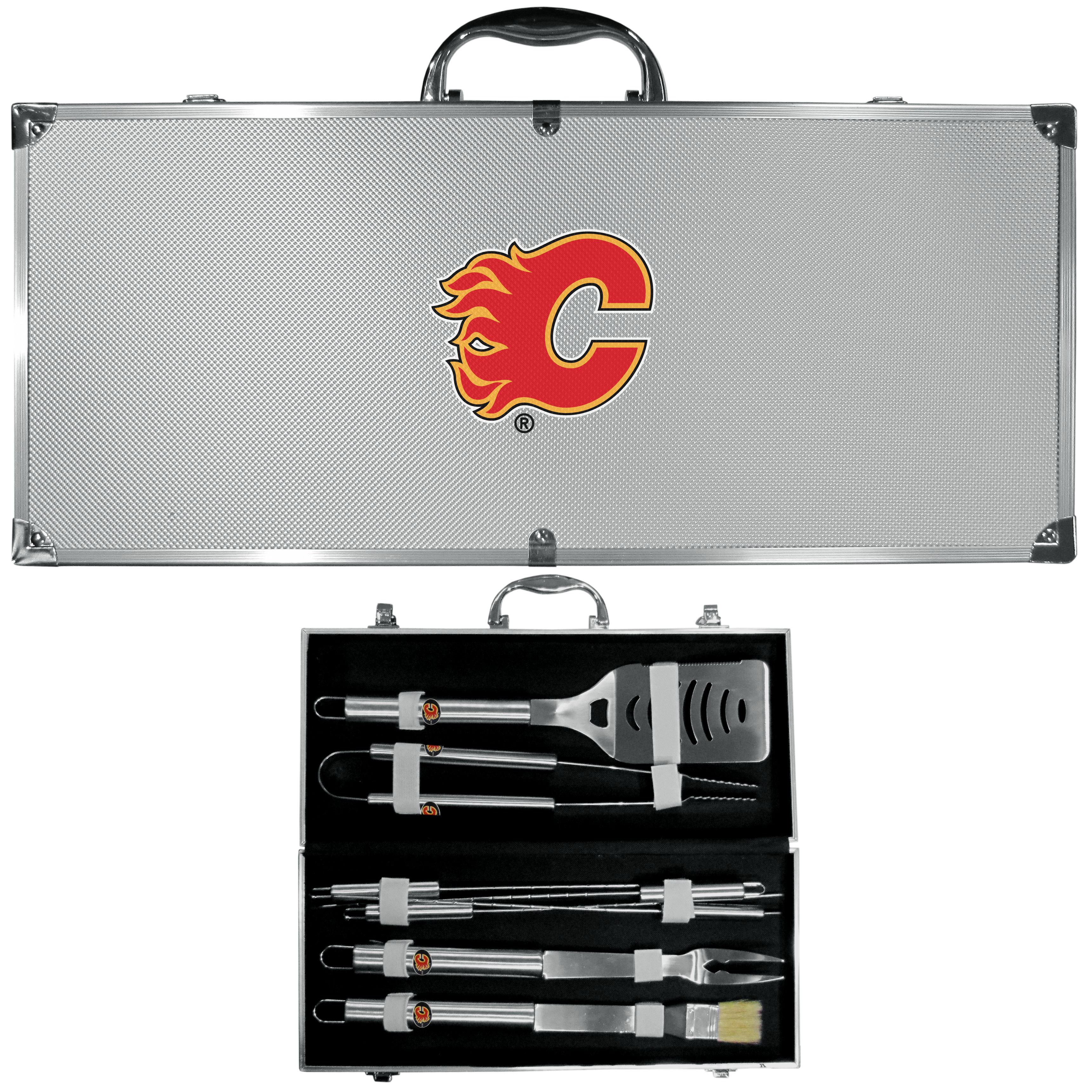 Calgary Flames? 8 pc Stainless Steel BBQ Set w/Metal Case    